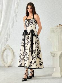 ROMWE Kawaii Retro Palace Style Rose Floral Printed Maxi Neck Dress For Tea Party Outfit