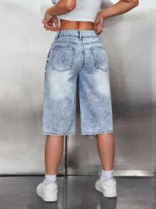 SHEIN PETITE Pantalones cortos tipo bermuda casuales de tela vaquera de media cintura con bolsillos y efecto desgastado para mujeres