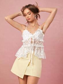 Enchnt 春夏浪漫女士奶油黄口袋不对称设计修身可爱迷你裙，甜美优雅，适合情人节、生日、节日派对、甜蜜约会之夜、日常通勤和办公室穿着 - 黃色 - 查看 5