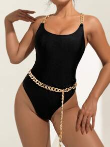 SHEIN Swim 1 pièce Maillot de bain une pièce pour femmes, sexy, à fines bretelles croisées, taille haute, couleur unie (chaîne de taille non incluse), pour les vacances d'été à la plage