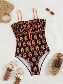 SHEIN Swim Summer Women's Flounced Square Neck Fluorescent Orange Bohemian Floral Print Spaghetti Strap One-Piece Swimsuit, Suitable For Vacation And Beach - Multicolor - View 3