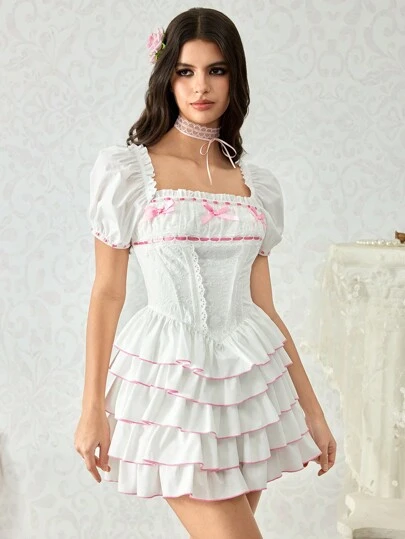 ROMWE Palace Style Vintage Style Cute Ribbon Bow Multi-Layered Puffy Princess Mini Dress