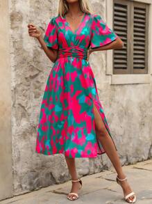 SHEIN Clasi Plus Size Summer V-Neck Short Sleeve Split Minimalist Casual Dress, Western Wear, Festival Boho Bohemia