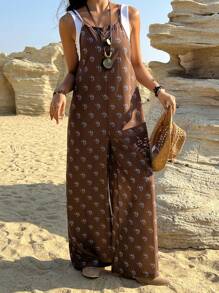 DAZY Women's Spaghetti Strap All-Over Print Casual Jumpsuit, Loose Fit Women Rompers Vacation Outfits Women - Brown - View 1