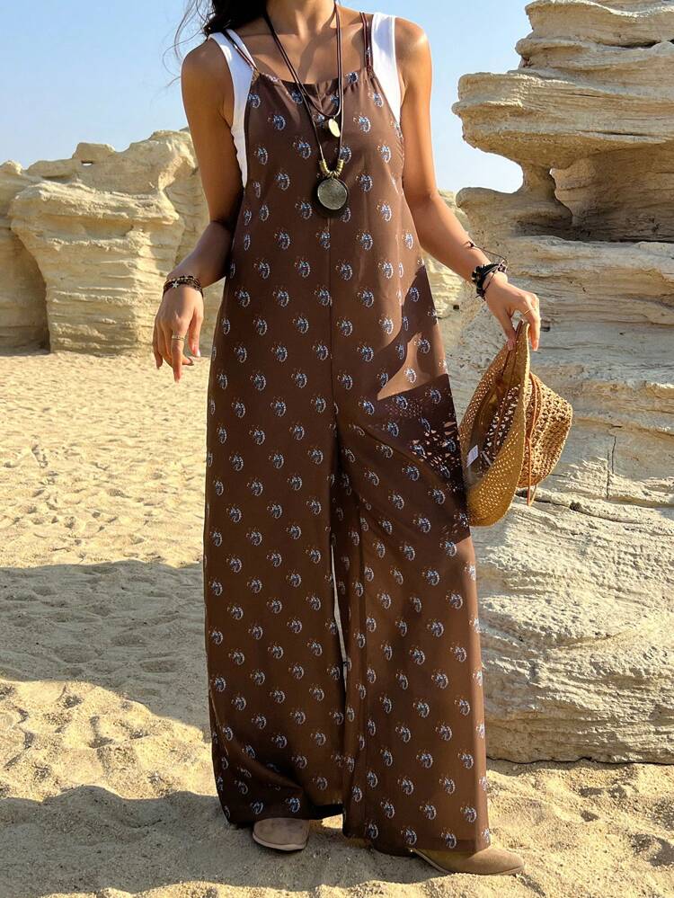 Women's Spaghetti Strap All-Over Print Casual Jumpsuit, Loose Fit Women Jumpsuits Vacation Outfits Women Boho Jumpsuit For Women
