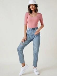 SHEIN BASICS Bộ đồ liền thân cổ vuông tay ngắn thoải mái cho nữ - Bụi hồng - Xem 5
