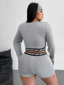 Flirla Bộ 2 chiếc/Bộ áo thun dài tay màu xám cỡ lớn và quần short, trang phục thể thao thường ngày thời trang - Xám - Xem 2