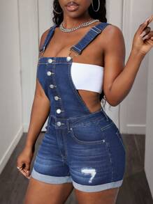 SHEIN Slayr Women Fashionable Casual Slim Fit Button Placket Pocket Denim Romper - Dark Wash - View 6