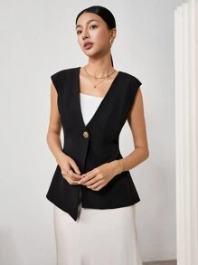 EastFlair Women's Solid Color Front Button Placket Sleeveless Minimalist Top, Casual Everyday Wear/Summer\Vacation - Black - View 1
