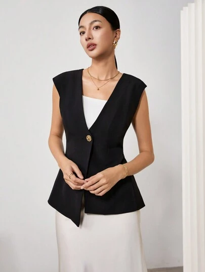 EastFlair 女士纯色前襟纽扣无袖简约上衣，休闲日常穿着