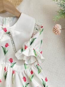 LMoss Kids Vestido ajustado con cuello de volantes, mangas abullonadas y parches florales tejidos para niña joven de LMoss - Multicolor - Ver 5