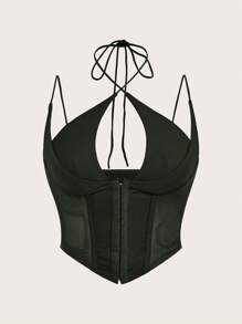 SHEIN Sweetina Top tipo camiseta con corset blanco, diseño con insertos de malla y cierre de ganchos por delante