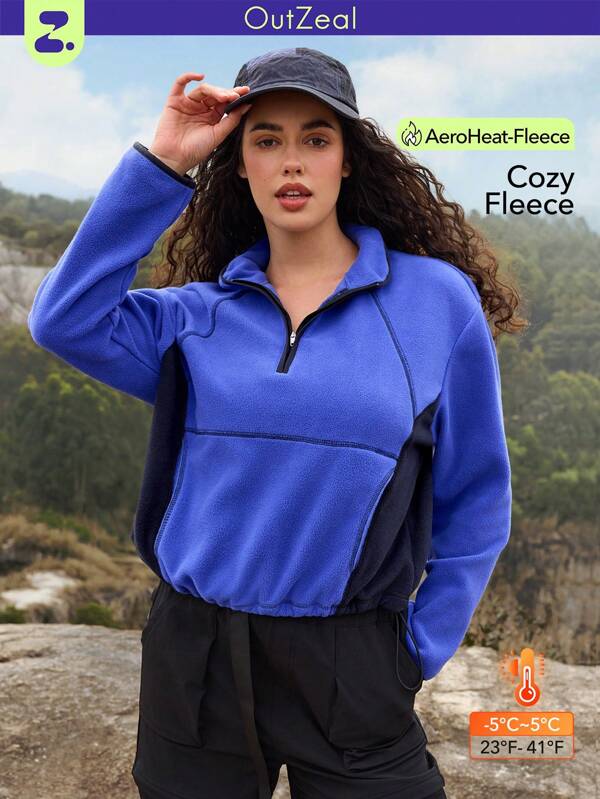 OutZeal AeroHeat Fleece Mock Neck Half Zip Stand Collar Thermal Brush Long Sleeve Color Blocking Sweatshirt Women