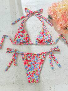 Swim Mod Women 2pcs Beach Outfits Summer Ditsy Floral Textured Halter Neck Triangle Top & Side Tie Bikini Bottoms - Multicolor - View 2