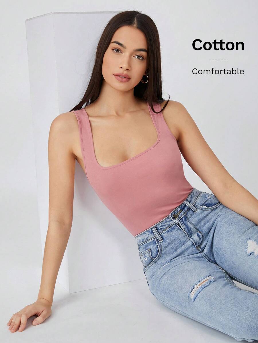 SHEIN BASICS 女款純色方領修身休閒背心上衣 夏季女裝 - 藕粉色 - 查看 1