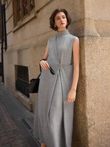 Ontre 四季女士浅灰色高端无袖连衣裙，裹身裙，简约连衣裙，简约时尚休闲日常长款连衣裙