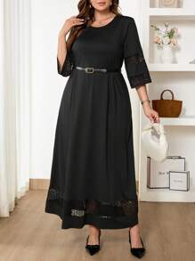 SHEIN Frenchy Plus Size Round Neck 3/4 Sleeve Lace Patchwork Long Dress - Black - View 2
