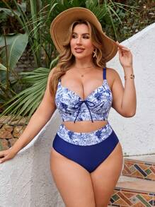 Swim SXY Plus Size Random Print Patchwork Solid Color Wire Free Padded Cup Swimwear Bikini Set, For Summer Beach Vacation - Multicolor - View 5