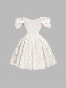 SHEIN MOD Women's Apricot Textured Open Shoulder Short Dress, Casual Summer Date Dress,Graduation Dress,Summer Clothes, Puffy Dress. Reception Dress For Bride,White Graduation Dress