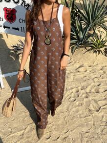 DAZY Women's Spaghetti Strap All-Over Print Casual Jumpsuit, Loose Fit Women Rompers Vacation Outfits Women - Brown - View 2