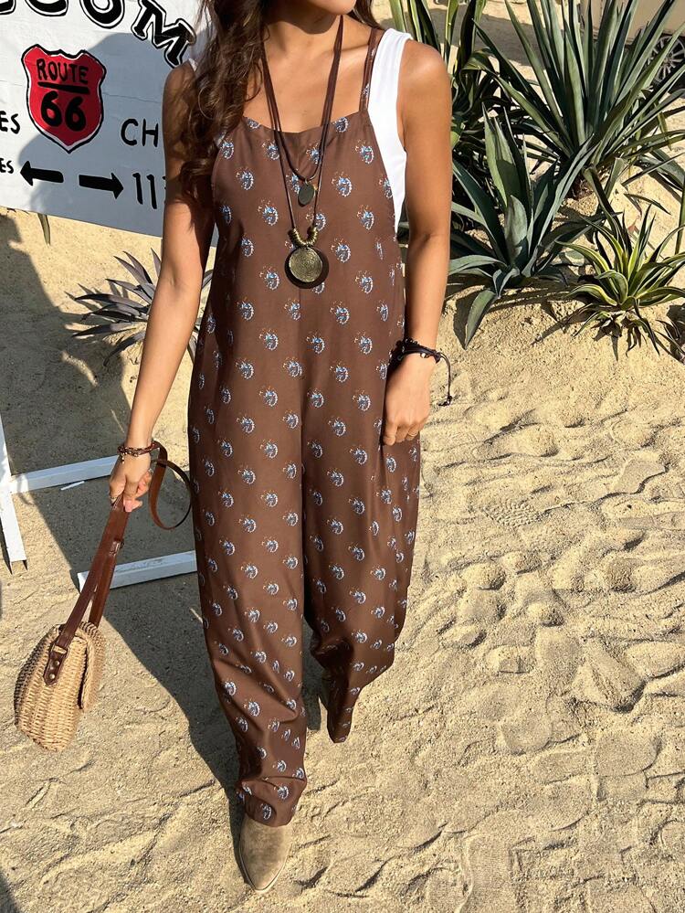 Women's Spaghetti Strap All-Over Print Casual Jumpsuit, Loose Fit Women Jumpsuits Vacation Outfits Women Boho Jumpsuit For Women