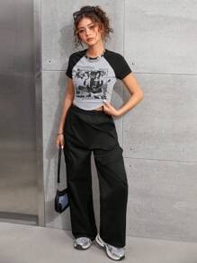 SHEIN 2pcs/Set Teen Girls Portrait Colorblock T-Shirt And Pocket Long Pants Outfit
