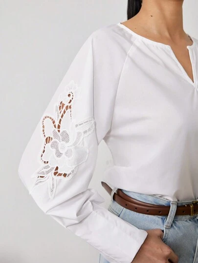 EastFlair Women's Solid Color V-Neck Long Sleeve Simple Blouse, Casual For Everyday Wear/Summer\White