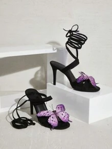 SHUZIA Tacón de aguja alto con cordones de encaje negro y mariposa de moda para mujer - Negro - Ver 6