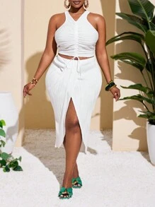 Slaydiva Plus Size Women Textured Front Twist Cami & Split Hem Skirt 2 Pieces Set, Suitable For Holiday - White - View 7
