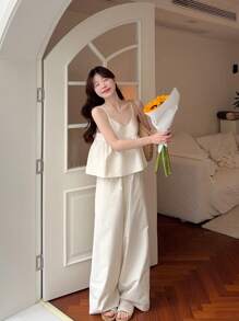 DAZY Women's Casual Solid Color Sling Top With Ruffle Trim,Women Two Piece Sets - Apricot - View 8