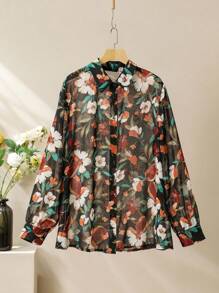 Lacomfia 2 pièces/set grande taille, Ensemble décontracté printemps/été avec chemise ample à manches longues et imprimé tout-sur-tout et pantalon à taille élastique et pattes d'éléphant