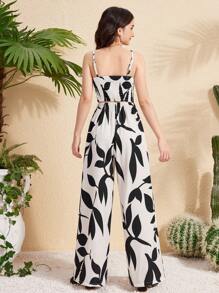 SHEIN 2pcs/Set Elegant Vacation Floral V-Neck Cropped Cami Top + Floral Wide Leg Pants Set For Teen Girls, Fashion Vacation Outfit Suitable For Summer, Vacation, Shopping - Multicolor - View 2