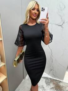 SHEIN Clasi Elegantes Patchwork-Karomuster Kleid bis zur Wade mit 3/4 Ärmeln, Frühling/Sommer