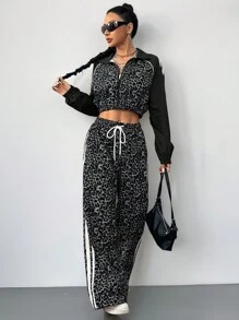 Coolane Conjunto de dos piezas de mujer con chaqueta estilo atlético de mezcla de estampado de leopardo y pantalón ancho de chándal para salir