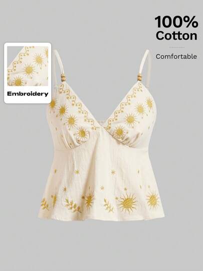 Fairycore ملابس شاطئ كلاسيكية وغير رسمية مزينة بحزام سباغيتي مع زخارف سماوية ونباتية مطرزة، وتفاصيل مطرزة