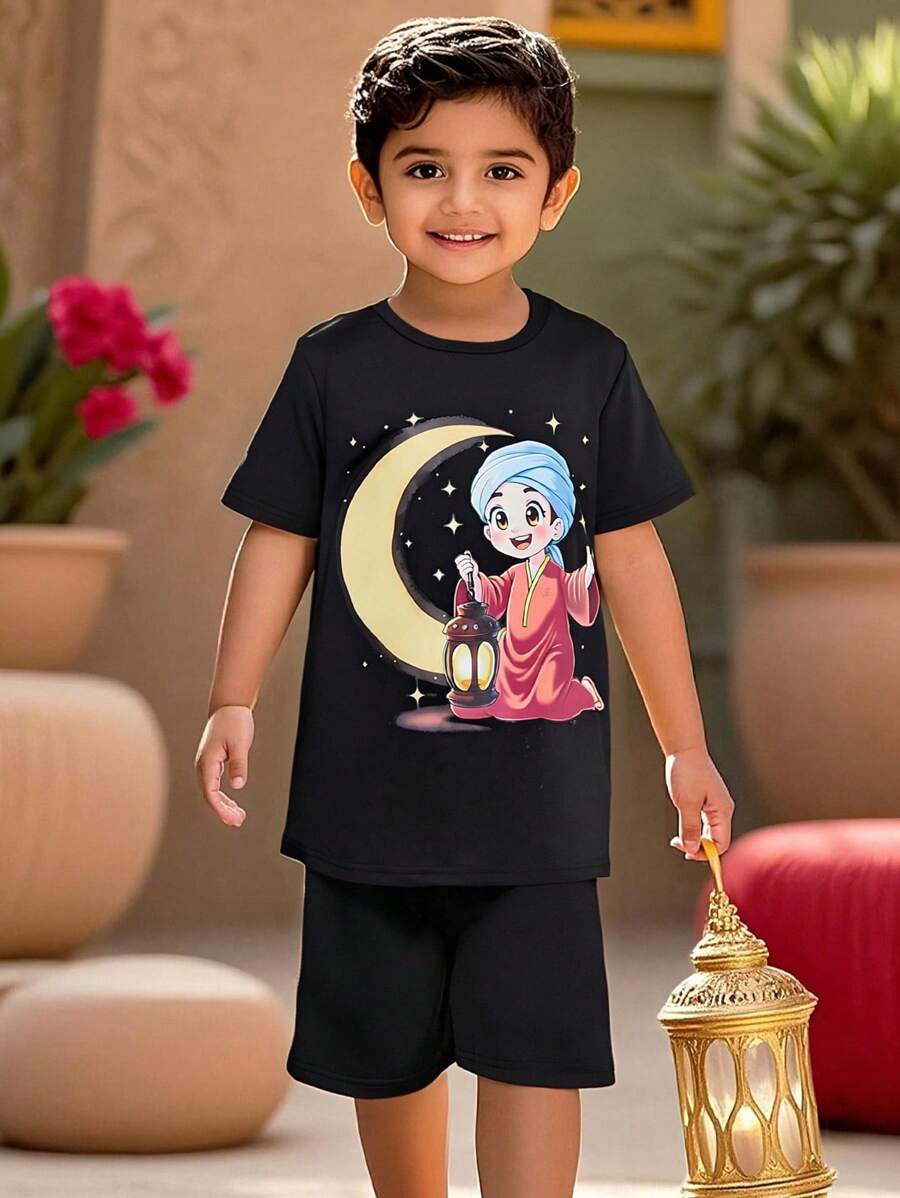 2pcs Tween Boy Casual Retro Printed T-Shirt And Shorts Set, Daily Wear - Black - View 1
