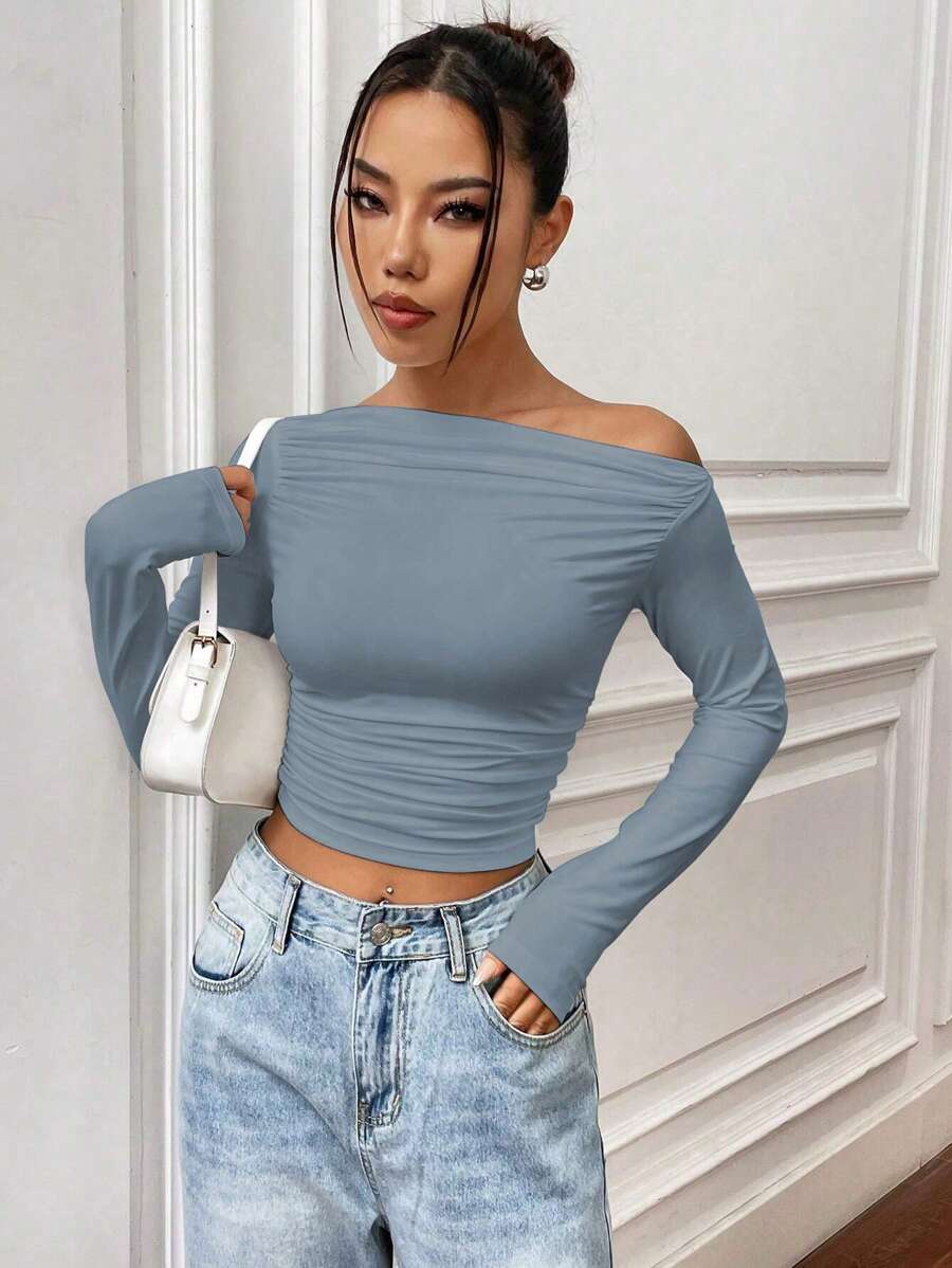 Flirla Casual Solid Color Asymmetric Neck Ruched Slim Crop Top Fall Cloth For Women - Blue - View 1