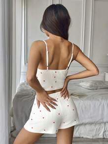 Flirla 2件套 + 1件洋裝，包含愛心細肩帶上衣與提花紋理短褲，休閒運動美式風格女裝 - 杏色 - 查看 2