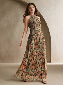 Anewsta Women's Sleeveless Cinched Waist Floral Print Mesh Dress, Elegant For Vacation, Party, Date Night, Valentine's Day, Summer Beach Floral Long Dress Formal Earth Tone Dress Long Dress Summer Long Spring Dress Long Dress Casual