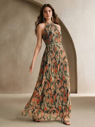 Anewsta Women's Sleeveless Cinched Waist Floral Print Mesh Dress, Elegant For Vacation, Party, Date Night, Valentine's Day, Summer Beach Floral Long Dress Formal Earth Tone Dress Long Dress Summer Long Spring Dress Long Dress Casual