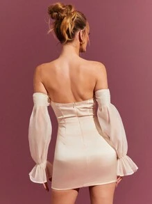 L'Amorae 女士服装，优雅香槟色缎面欧根纱露肩灯笼袖紧身迷你连衣裙，女士连衣裙，派对女士连衣裙，舞会礼服，优雅女士连衣裙，情人节连衣裙，正式女士连衣裙，长袖连衣裙。适合约会之夜、音乐会、演出、婚礼、派对、俱乐部、晚会 - 杏色 - 查看 3
