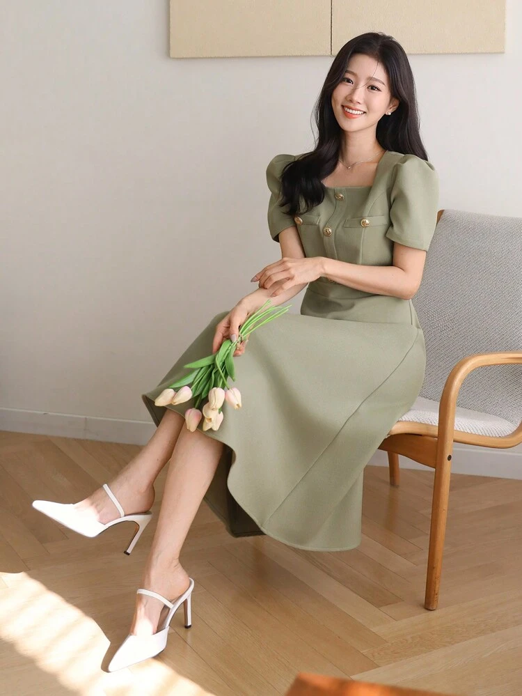 Women's Solid Color Square Collar Puff Sleeve Midi Dress Sundress Easter