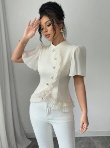 Elenzga Blusa informal de color liso para mujer