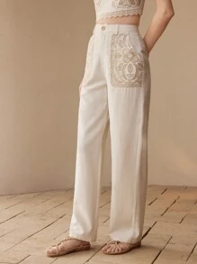 MOTF LINEN FLORAL EMBROIDERY PANTS