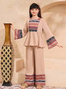 Tween Girls Ramadan Leisure Round Neck Long Sleeve Top & Straight Leg Pants Set, Yellow
