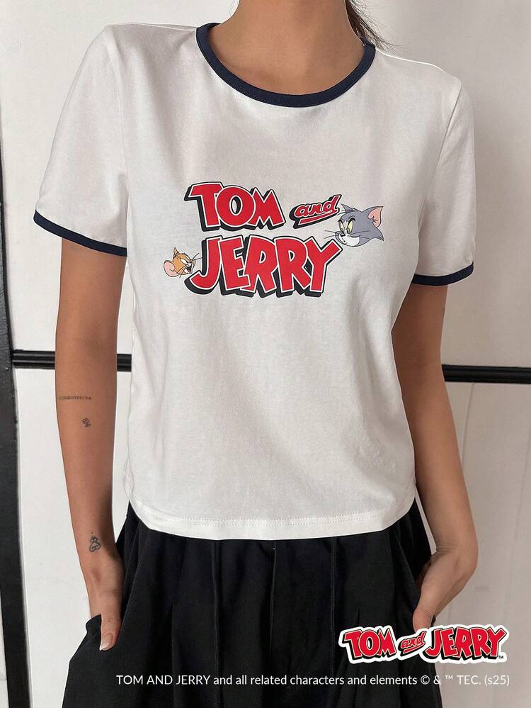 TOM AND JERRY X DAZY Cartoon Graphic Fitted Round Neck Short Sleeve Women T-Shirt, Teacher