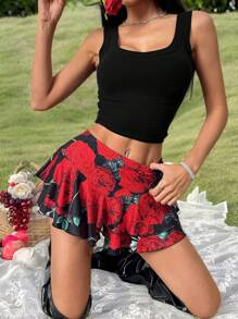 Chiquease 玫瑰印花荷叶边下摆浪漫迷你短裙短裤，情人节的理想之选 - 彩色 - 查看 3