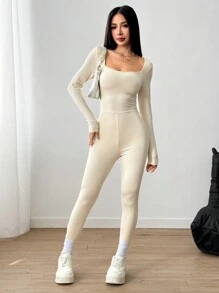 SHEIN EZwear Spring Black Solid Square Neck Unitard Jumpsuit - Apricot - View 4