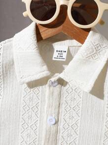 Souflis Souflis 2pcs/Set Spring & Summer New Casual Style Solid Color Jacquard Texture Button Pocket Collar Shirt & Elastic Waist Pleated Shorts Matching Comfortable Baby Boy Outfit, Kid Clothes,Toddler Clothes, Baby Outfit,Toddler Coat ,Toddler Shorts,6M-3T