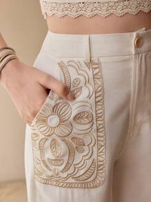 MOTF LINEN FLORAL EMBROIDERY PANTS